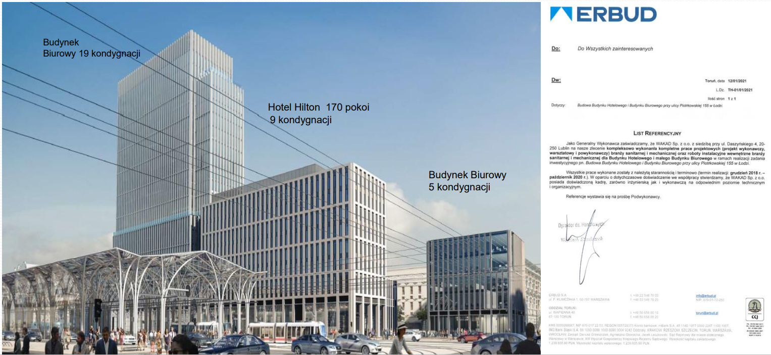 Wizualizacja zespołu hotelowo-biurowego i list referencyjny firmy ERBUD